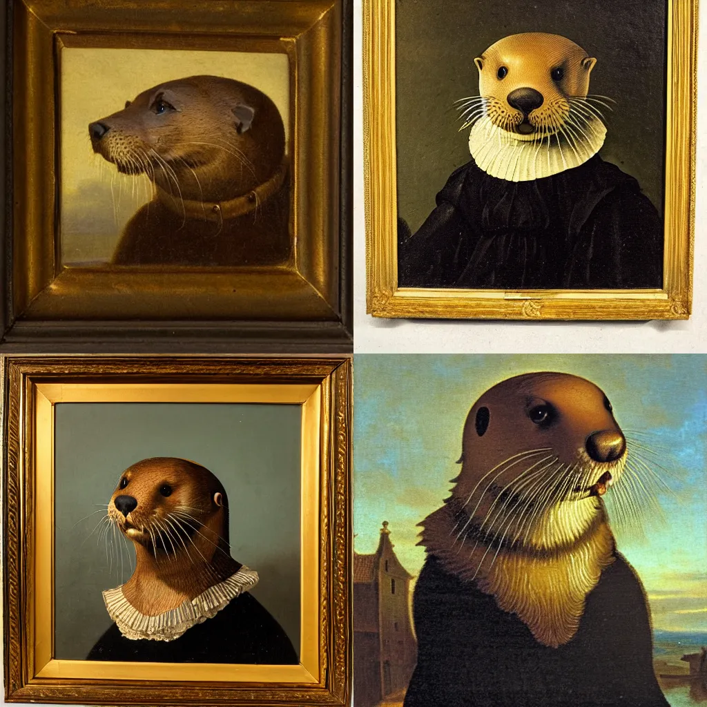 Prompt: print of a dutch golden age oil painting portrait of an otter wearing a ruff collar, warm lighting, chiaroscuro