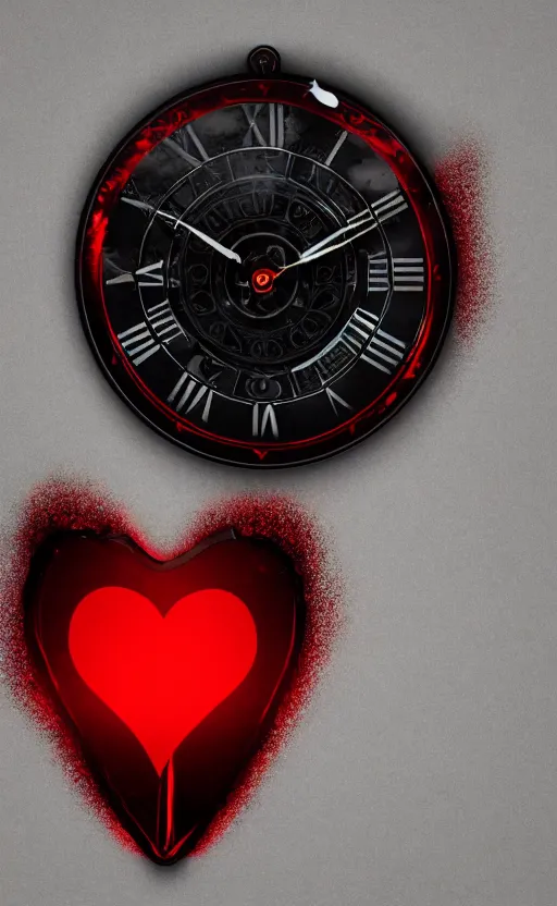 Image similar to a melting Roman numeral clock, behind a red and black gradient background, awith a black heart shaped on the top left corner and a black diamond card shape in the bottom right corner, dynamic lighting, photorealistic fantasy concept art, trending on art station, stunning visuals, cinematic, creative, ultra detailed