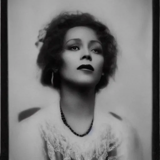 Image similar to headshot edwardian photograph of alicia keys, whitney houston, beyonce, rihanna,, 1 9 2 0 s film actress, realistic face, ethereal, 1 9 1 0 s, grainy, victorian, soft blur