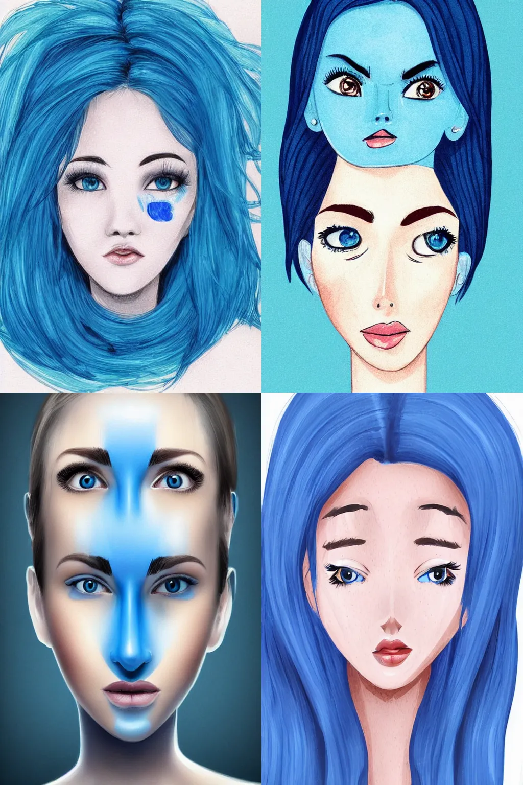 Prompt: Bright blue head blue skin woman with white facial details, styled like a cartoon, beautiful gorgeous cute illustration art