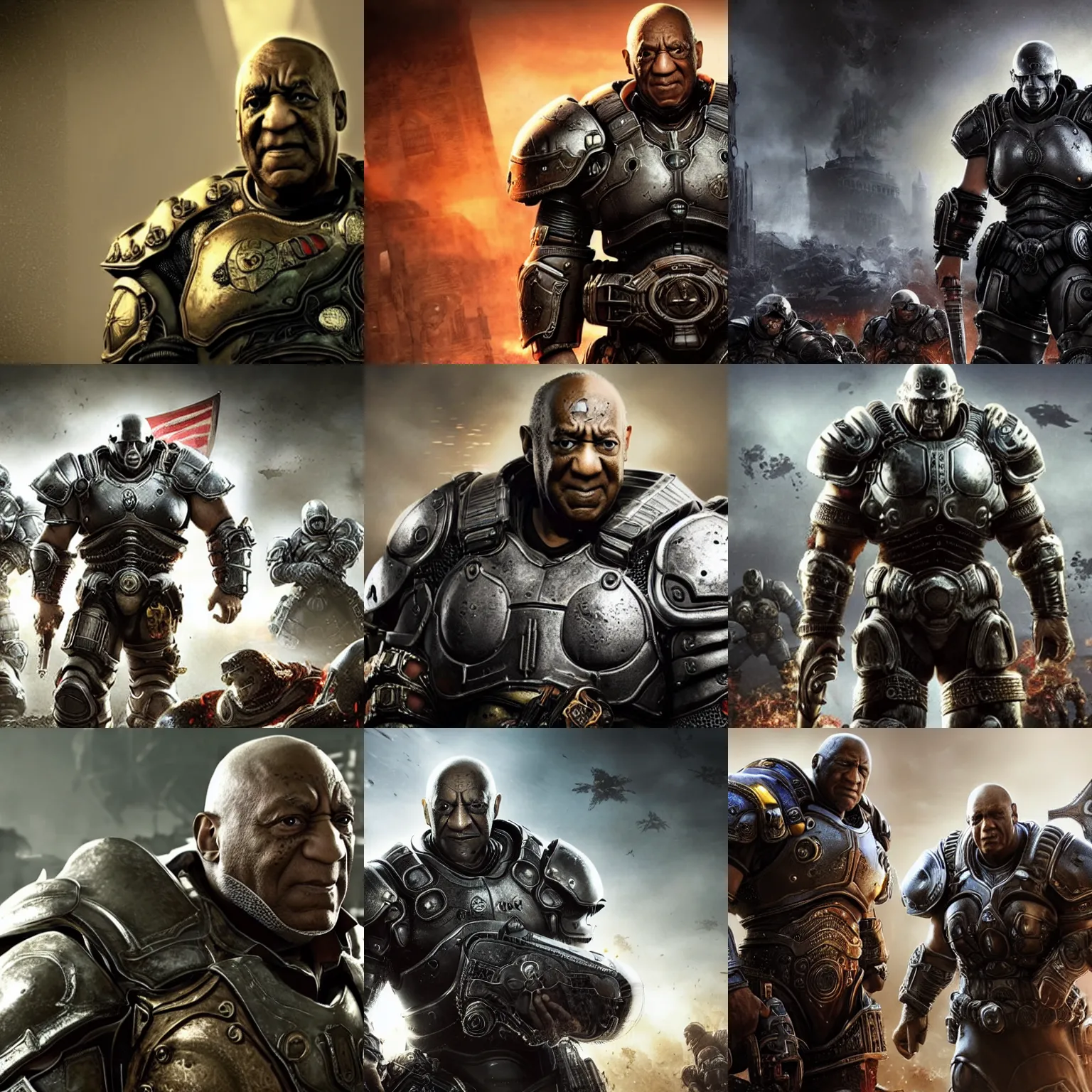 Prompt: Bill Cosby as 'Crusader-Patriot-Knight'!! in Gears of War, splash art, movie still, detailed face, photorealistic facial features, cinematic lighting, dramatic, octane render, long lens, shallow depth of field, bokeh, anamorphic lens flare, 8k, hyper detailed, 35mm film grain