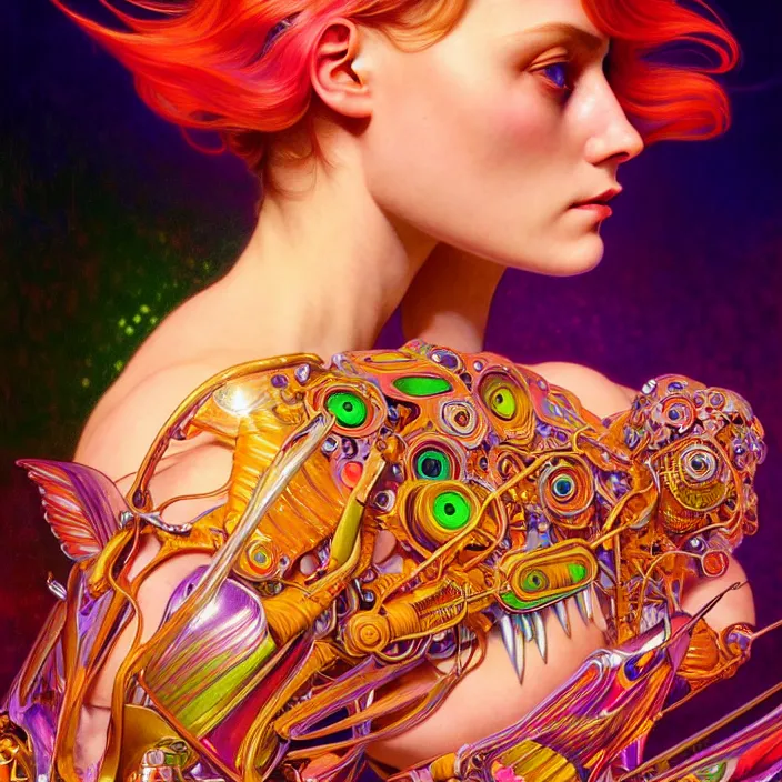 Image similar to bright psychedelic portrait of shiny organic cyborg, wings, diffuse lighting, fantasy, intricate, elegant, highly detailed, lifelike, photorealistic, digital painting, artstation, illustration, concept art, smooth, sharp focus, art by John Collier and Albert Aublet and Krenz Cushart and Artem Demura and Alphonse Mucha