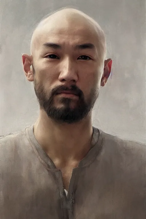 Image similar to beautiful bald kazakh guy with a short beard, painted by ruan jia, realistic, dramatic light