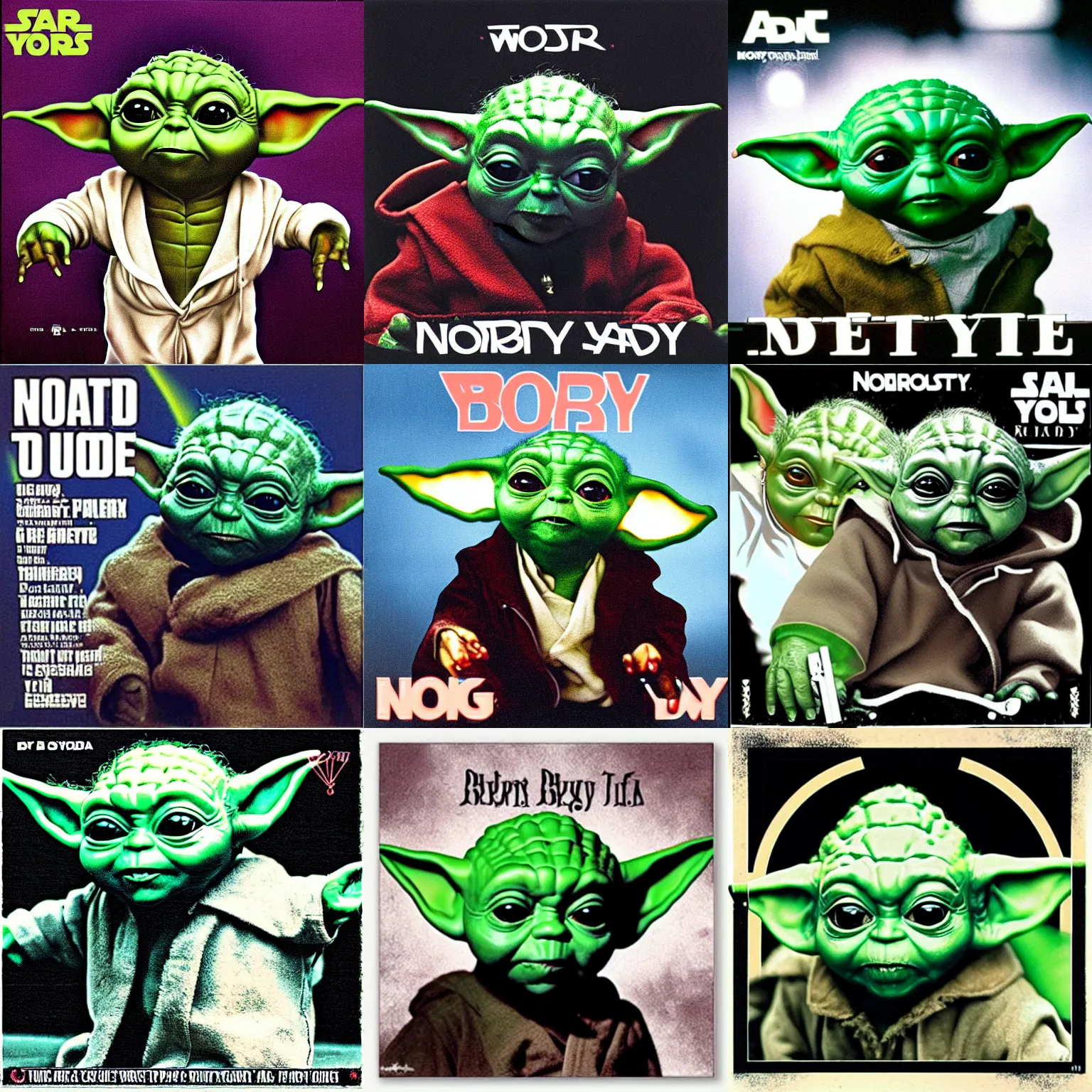 Prompt: baby yoda on notorious big style rap album cover