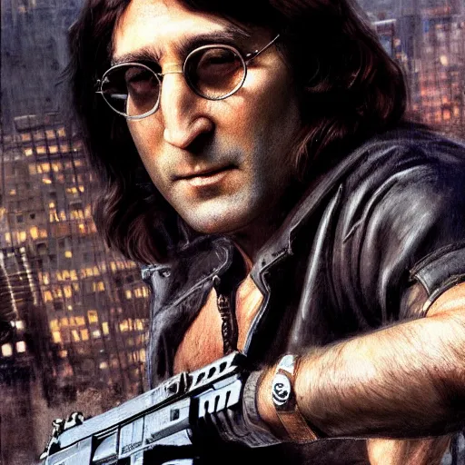 Image similar to john lennon as frank castle the punisher, ultra realistic, concept art, intricate details, highly detailed, photorealistic, octane render, 8 k, unreal engine, art by frank frazetta, simon bisley, brom