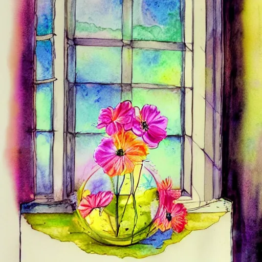 Image similar to a fancy vase with a colorful and beautiful flower arrangement by the fancy window. very stylize and delicate watercolor and pencil drawing. colors splashes. stains. 3 d. beautiful lighting, 4 k post - processing, trending in art station, cg society, view from far.