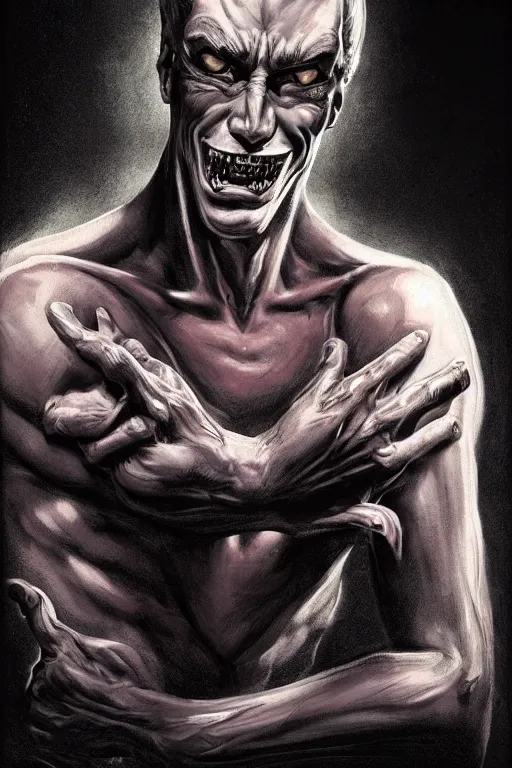 Image similar to aesthetic digital portrait of a handsome young man with a sinister grin by brian bolland, rachel birkett, alex ross, and neal adams | dark, intimidating, imposing, portrait, character concept, concept art, unreal engine, finalrender, centered, deviantart, artgerm