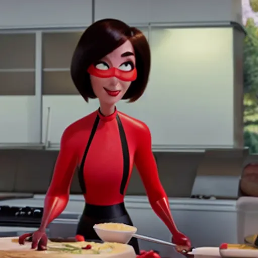 Prompt: film still of helen parr cooking breakfast in incredibles 2