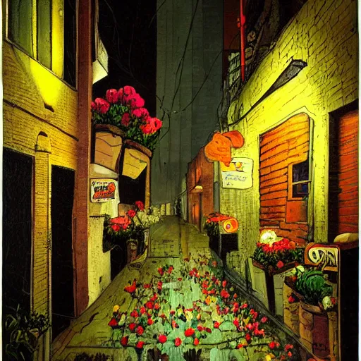 Image similar to Spawn selling flowers in an alley at night, by Todd MacFarlane