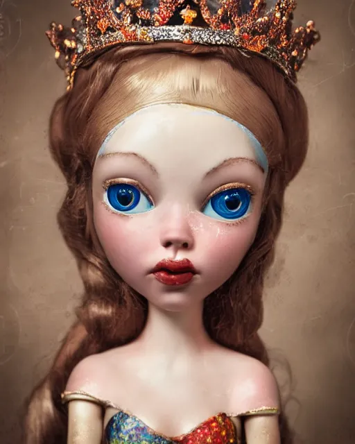 Prompt: closeup face profile portrait of a tin toy fairytale princess wearing a crown eating cakes, bikini, depth of field, zeiss lens, detailed, symmetrical, centered, fashion photoshoot by nicoletta ceccoli, mark ryden, lostfish, hyperrealistic, octane render