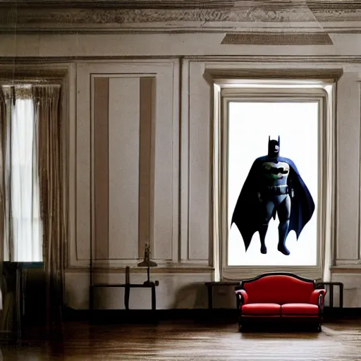 Image similar to Batman standing in giant Italian modern castle living room, clean minimalist design, that is 1300 feet tall, with very tall giant walls filled with modern art paintings, doors that are cosmic portals, photo by Annie Leibovitz