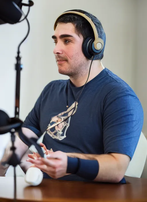 Prompt: photograph of saint aquinas recording a podcast wearing headphones 8k UHD detailed 85mm CANON EOS