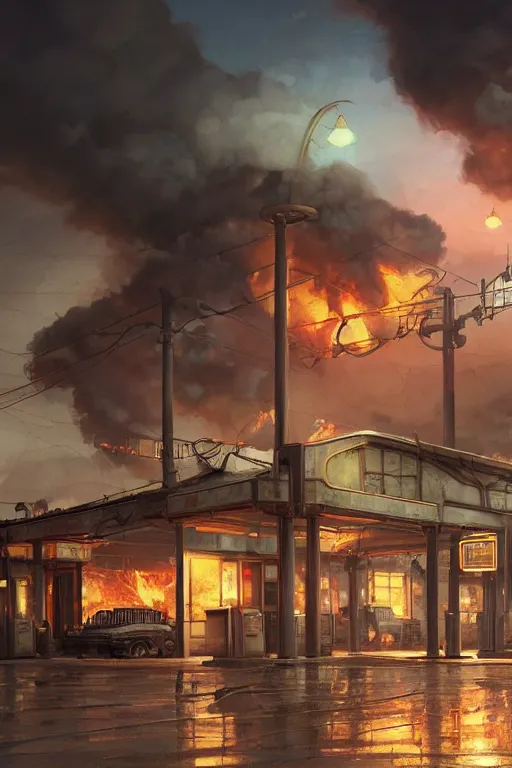 Image similar to a highly detailed matte painting of a soviet steampunk gas station on fire at night by studio ghibli, makoto shinkai, by artgerm, by wlop, by greg rutkowski, volumetric lighting, octane render, 4 k resolution, trending on artstation, masterpiece
