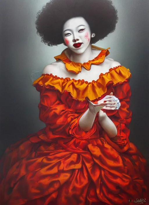 Prompt: beautiful oil painting of female ronald mcdonald by chie yoshii, full body portrait, clown, cute, gorgeous, dramatic lighting