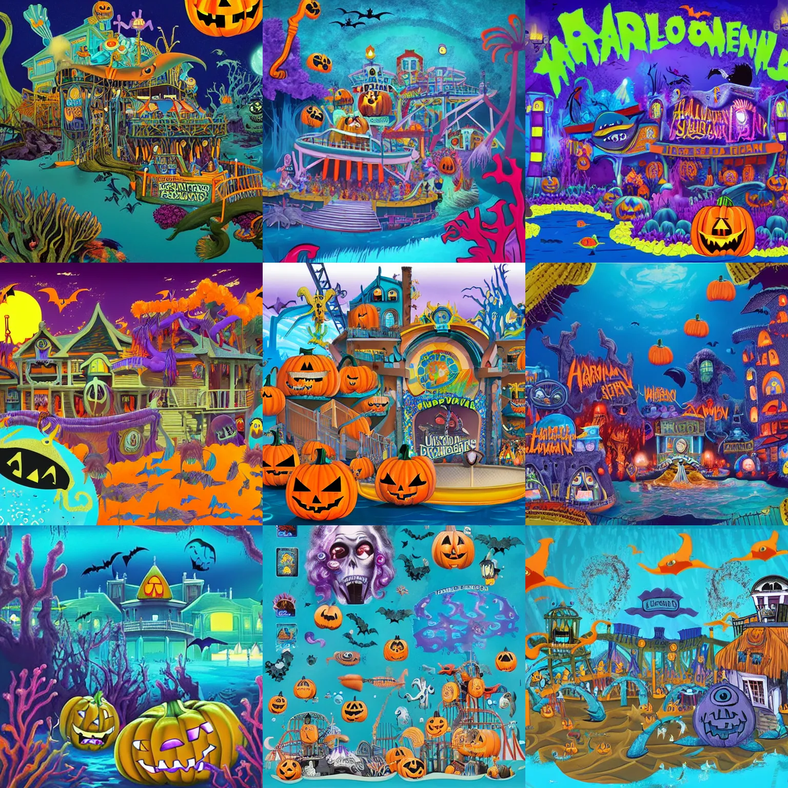 Prompt: a horror based underwater suburban amusement park that incorporates halloween and ocean elements in its design imagery and features attractions as well as houses, halloween decorations, atlantis, amusement park, spooky, amusement park attractions, deep sea, horror themed, fun, in the style of stephen silver and genndy tartakovsky