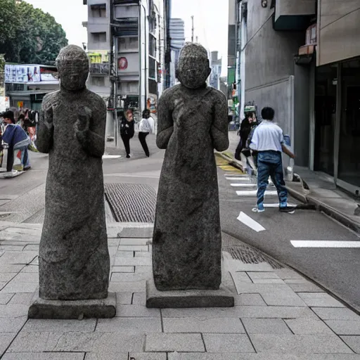 Prompt: everyone on the streets of japan suddenly turned into stone statues, the situation was eerie and silent