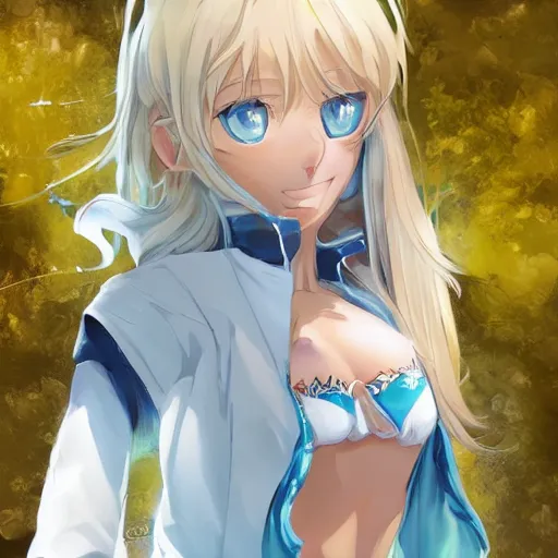 Image similar to tiny father a tall daughter picture : a very beautiful young blond anime girl, sky blue eyes, bikini, white miniskirt, highly detailed, cinematic wallpaper by stanley artgerm lau