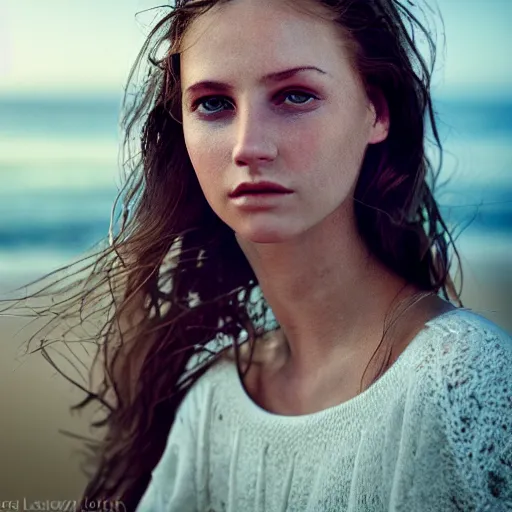 Prompt: portrait of a beautiful a young cornish woman, beach pic, depth of field, zeiss lens, detailed, symmetrical, centered, fashion photoshoot, by annie leibovitz and steve mccurry, david lazar, jimmy nelsson, breathtaking, 8 k resolution, extremely detailed, beautiful, establishing shot, artistic, hyperrealistic, beautiful face, octane render