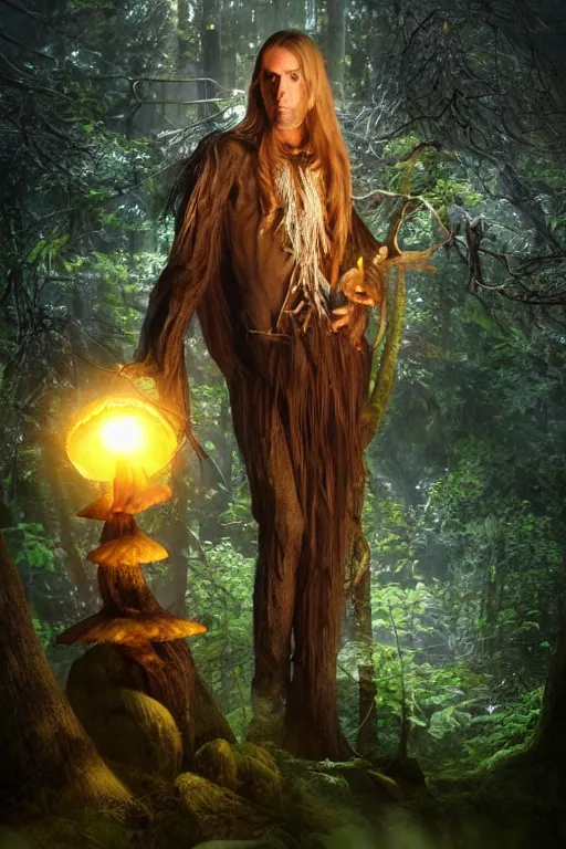 Image similar to A tall slim male wood elf druid posing with a glowing mushroom in a mystical forest, portrait, long blonde hair, fungi, glowing, wooden armor, magical, fantasy, medieval, highly detailed, dynamic lighting, cinematic, dramatic, sharp focus, focus on face, masterpiece, trending on artstation, concept art, digital painting, still, photo, photograph, in the style of Heilung