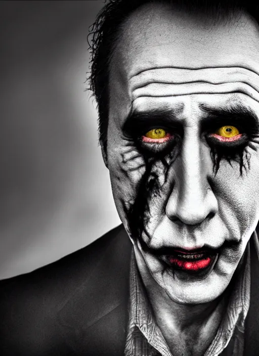 Image similar to photo of Nicolas Cage as the Joker by Lee Jeffries, smiling, detailed, award winning, Sony a7R