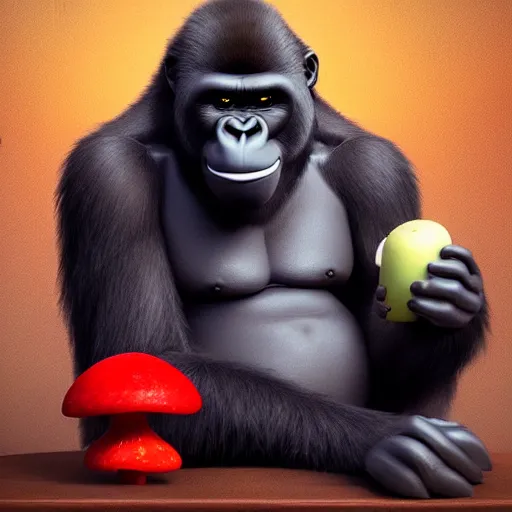 Image similar to a wholesome animation key shot of a gorilla holding a very small red mushroom, chilled out smirk on face, studio ghibli, pixar and disney animation, sharp, rendered in unreal engine 5, anime key art by greg rutkowski, bloom, dramatic lighting