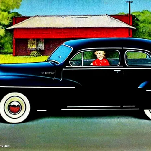 Image similar to in the style of norman rockwell, 1 9 4 8 desoto car, black, driving through a 1 9 5 0 s town