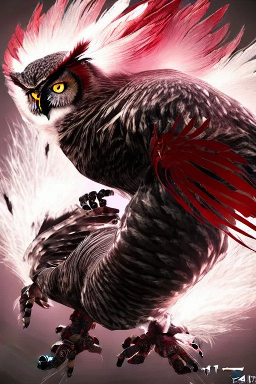 Prompt: Tekken 4 fighter anime Stunning Portrait Robot Owl with feathers all over its body, he salutes to the owl flag, short black feathers with a samurai sword on its back, in a saluting stance, digital painting, artstation, concept art, soft light, hdri, smooth, sharp focus, illustration, art by tian zi, craig mullins, Mark Arian, WLOP, alphonse mucha