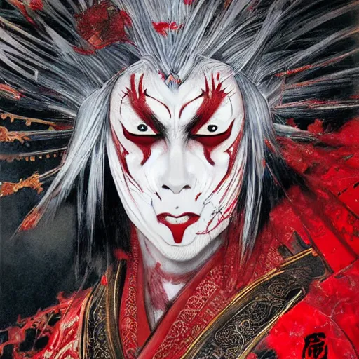 Image similar to an epic portrait of insane kabuki male wielding a spear covered in a distorting aura, intricate hakama, poofy red wig, eerie, highly detailed, dark fantasy, art by artgerm and greg rutkowski