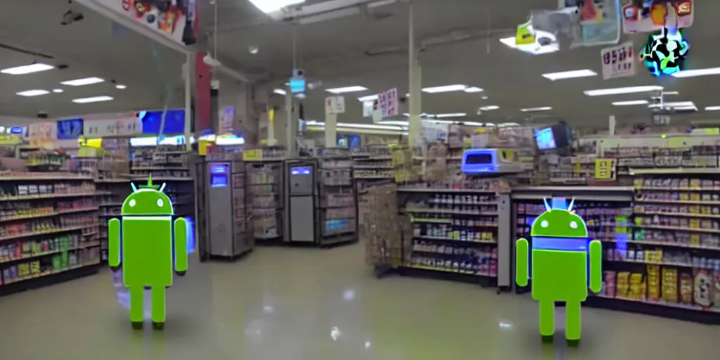 Image similar to abandoned robot android factory in a convenience store, damaged camcorder video
