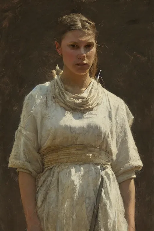 Image similar to Richard Schmid and Jeremy Lipking and Antonio Rotta full length portrait painting of a young beautiful traditonal viking warrior priestess woman