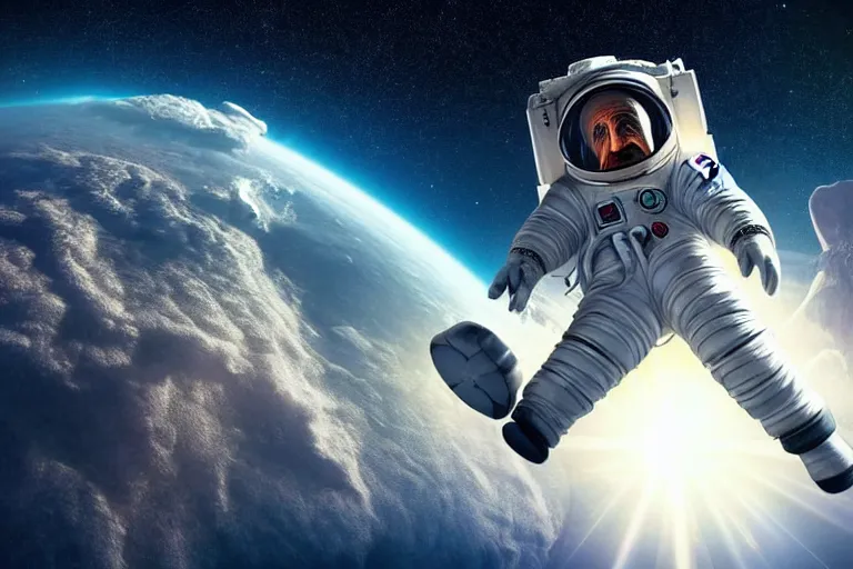 Image similar to still fullbody photo of sad albert einstein in spacesuit in space, flat earth on elephants and turtle at background, highly detailed, photorealistic shot, bright studio setting, studio lighting, crisp quality and light reflections, unreal engine 5 quality render