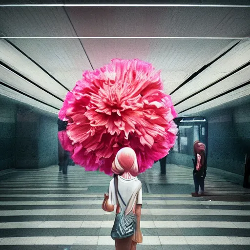 Image similar to giant carnation flower head, woman walking in a metro station, surreal photography, dramatic light, impressionist painting, digital painting, artstation, simon stalenhag