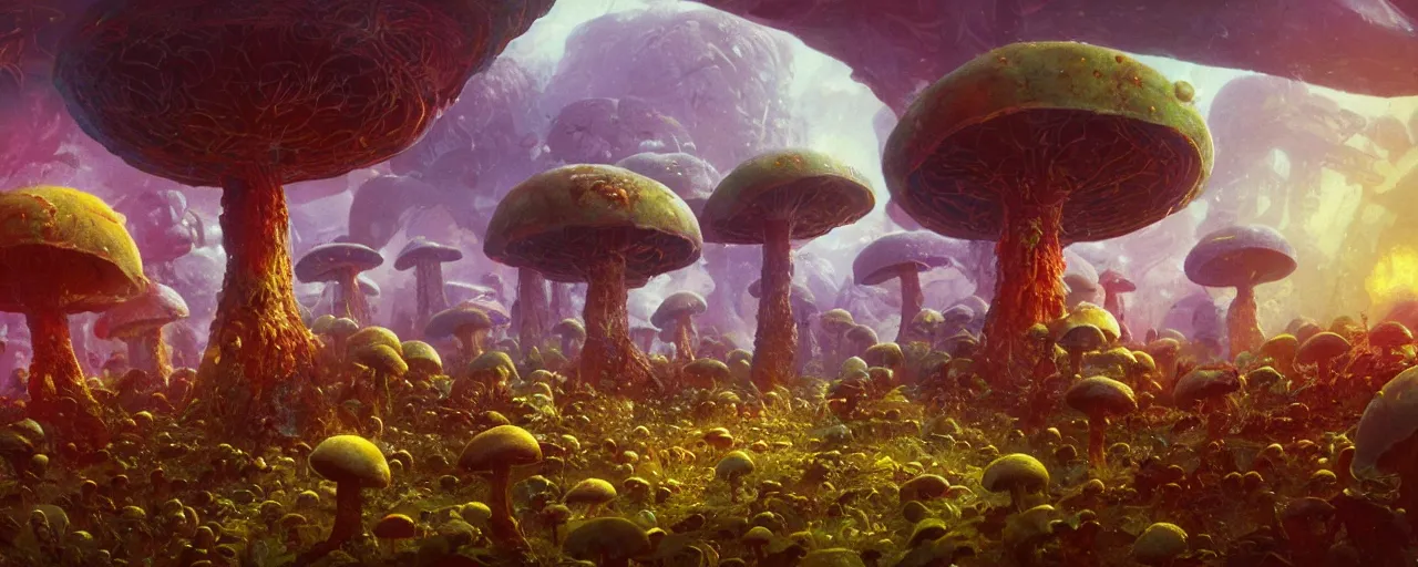Prompt: ” partly eaten alien mushrooms, [ by paul lehr, cinematic, detailed, epic, widescreen, opening, establishing, mattepainting, photorealistic, realistic textures, octane render ] ”