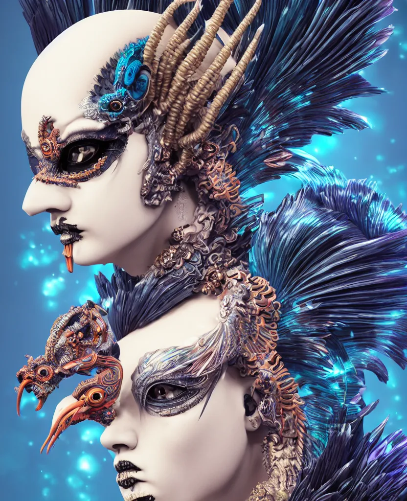 Image similar to 3 d goddess close - up profile portrait punk with mohawk with ram skull. beautiful intricately detailed japanese crow kitsune mask and clasical japanese kimono. betta fish, jellyfish phoenix, bio luminescent, plasma, ice, water, wind, creature, artwork by tooth wu and wlop and beeple and greg rutkowski