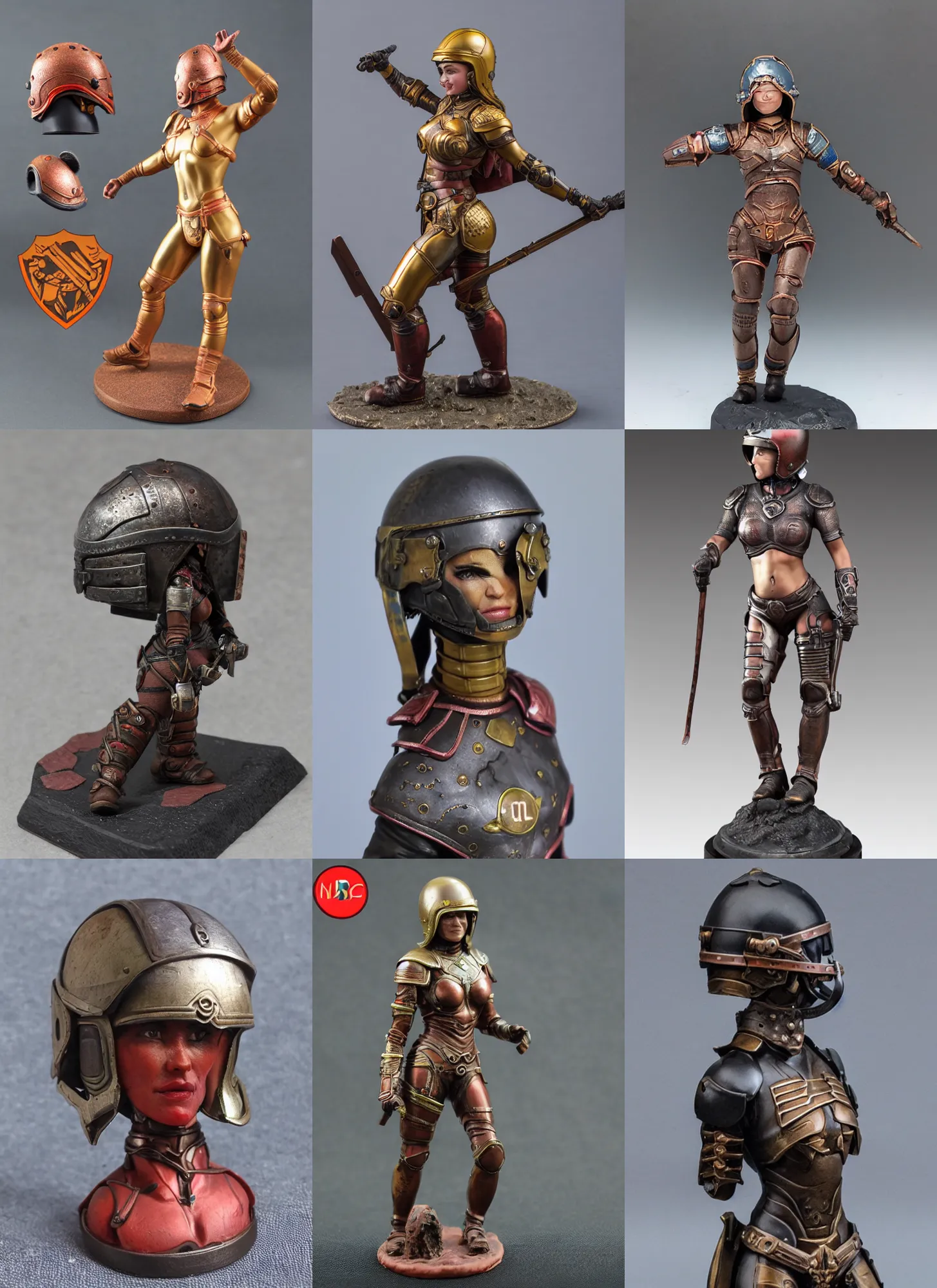 Prompt: 80mm resin detailed miniature of a helmeted muscular woman in full-face iron helmet, head, stomach, navel, boots, Logo, on textured disc base; Product Introduction Photos, 4K, view from front