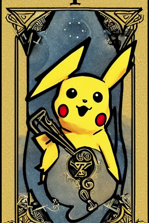 Image similar to Pikachu tarot card, art nouveau style, ornate borders, intricate details, trending on artstation