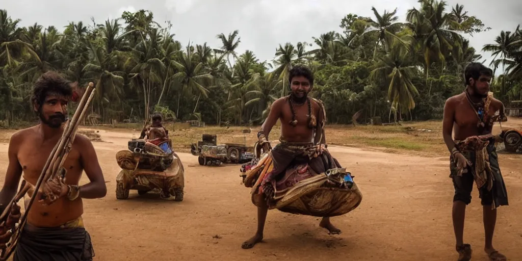 Image similar to sri lankan mad max style, bongo drum player, tuk tuk, film still, epic shot cinematography, rule of thirds