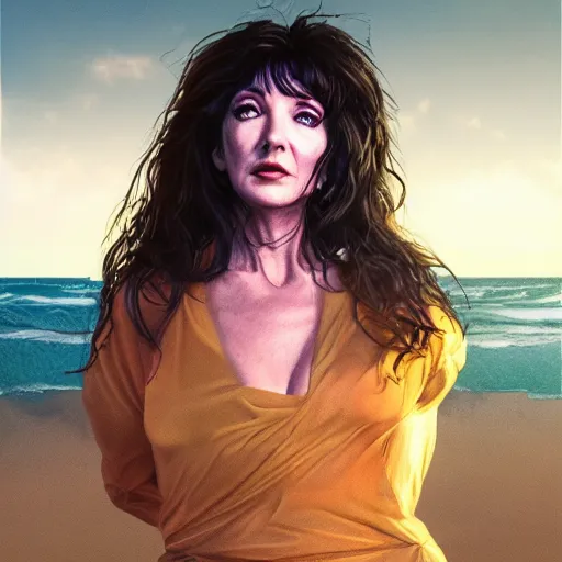 Prompt: a hyper real comic book style portait painting of kate bush on the beach, unreal 5, hyperrealistic, octane render, cosplay, rpg portrait, dynamic lighting