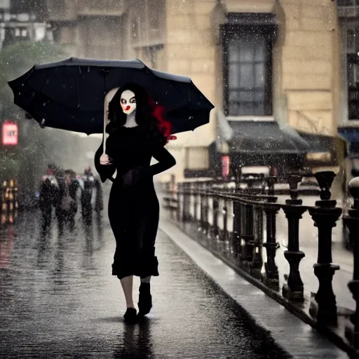 Prompt: morticia addams holding a parasol during a [ humid, rainy day ] as she saunters across the city, closeup!!!, trending on artstation, 4 k photorealism, unsplash contest winner, shot by jimmy nelson