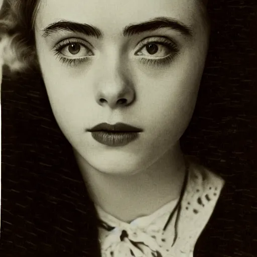 Image similar to headshot edwardian photograph of elle fanning, lily collins, scarlett johansson, 1 9 2 0 s film actress, realistic face, ethereal, 1 9 1 0 s, grainy, victorian, soft blur