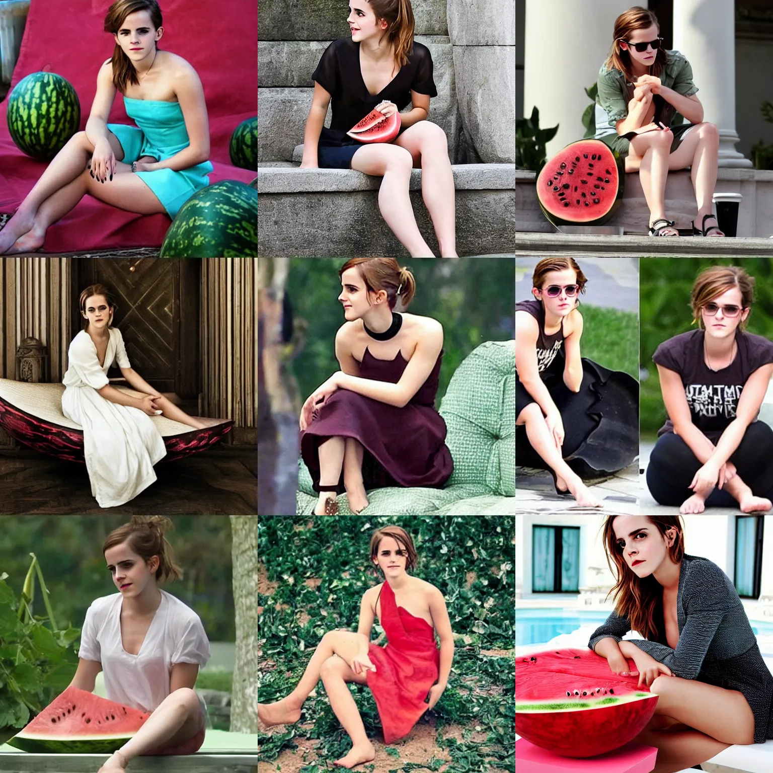 Prompt: emma watson sitting inside a watermelon