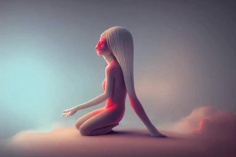 Image similar to a cute alien girl sitting on a cloud relaxing, misty, glows, blender render, hazy, foggy, red lighting, ambient lighting, 8 k,