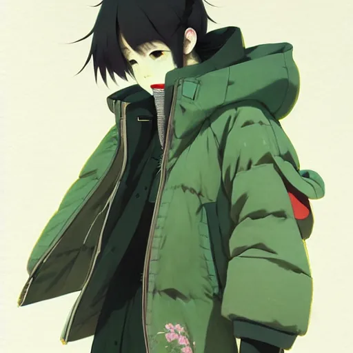 Image similar to concept art of a big puffer jacket with caterpillar patterns, green japanese street fashion, gapmoe yandere grimdark, trending on pixiv fanbox, painted by greg rutkowski makoto shinkai takashi takeuchi studio ghibli, akihiko yoshida