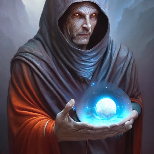 Image similar to the creator of worlds wearing a cloak and holding a holographic planet projection in his hand, detailed, sci - fi, digital painting, artstation, sharp focus, illustration, ominous, artgerm, tomasz alen kopera, peter mohrbacher, donato giancola, joseph christian leyendecker, wlop, frank frazetta