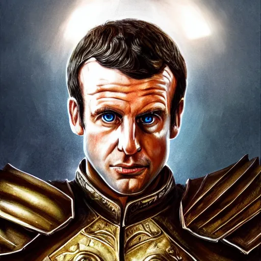 Image similar to portrait of Emmanuel Macron in fantasy armor, detailed, cinematic light, art of D&D