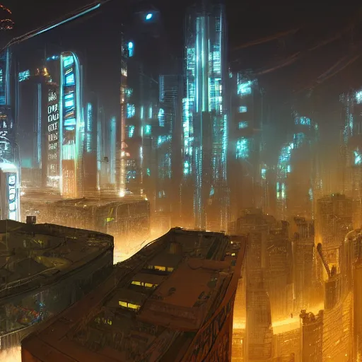 Image similar to a hyperrealistic cyberpunk city at night, extreme wide shot