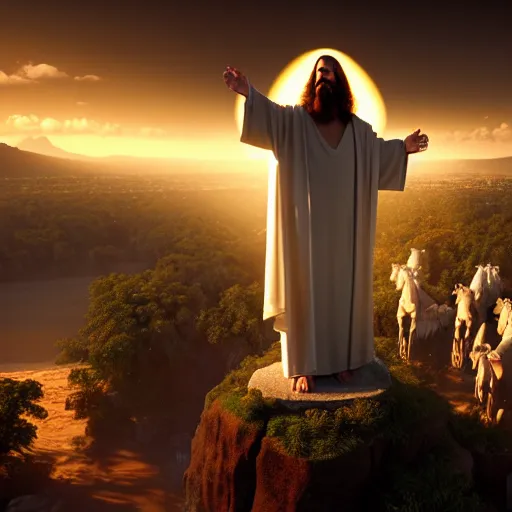 Image similar to the second coming of jesus christ, realistic 4k octane beautifully detailed render, 4k post-processing, highly detailed, intricate complexity, epic composition, magical atmosphere, cinematic lighting, masterpiece, ultra hd