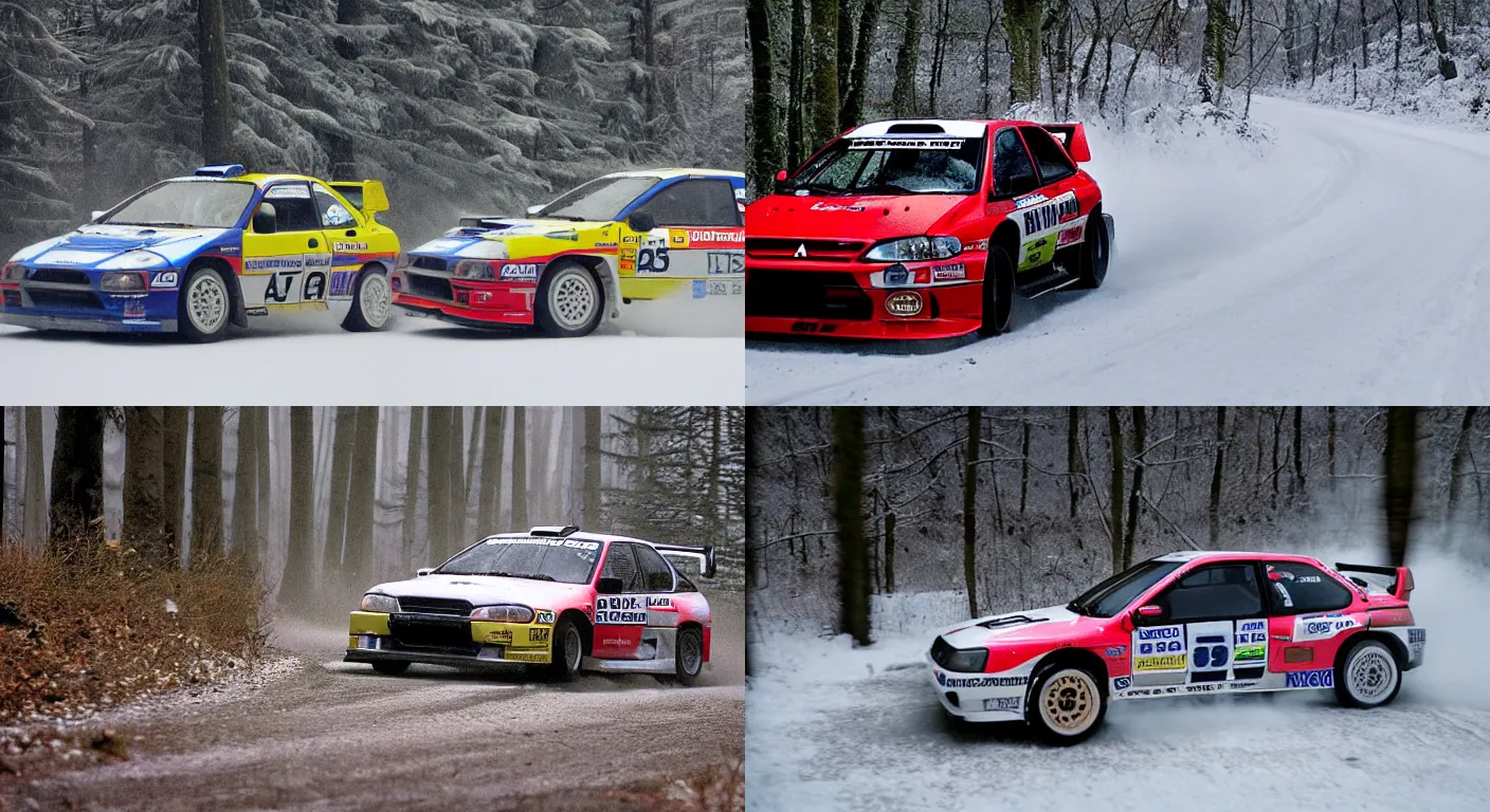 Prompt: a 1 9 9 9 mitsubishi lancer evolution vi gsr, racing through a rally stage in a snowy forest