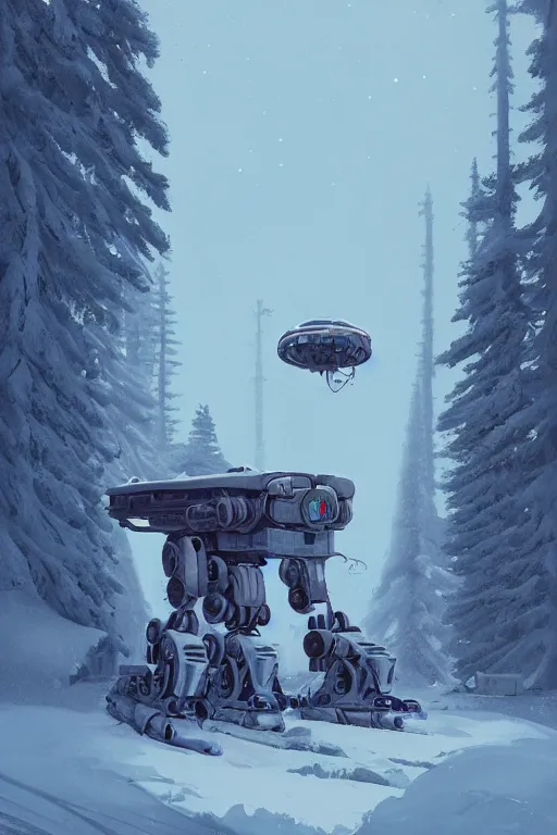 Image similar to mech at snow in finland, highly detailed, scifi, fantasy, highly detailed, digital painting, trending on artstation, concept art, sharp focus, illustration, global illumination, shaded, art by simon stalenhag