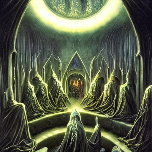 Image similar to a dark cabal of multiple hooded elven mystics in long dark robes gathered in a circular formation around a quantum computer processing the spirits of the dead, dan seagrave art, michael whelan